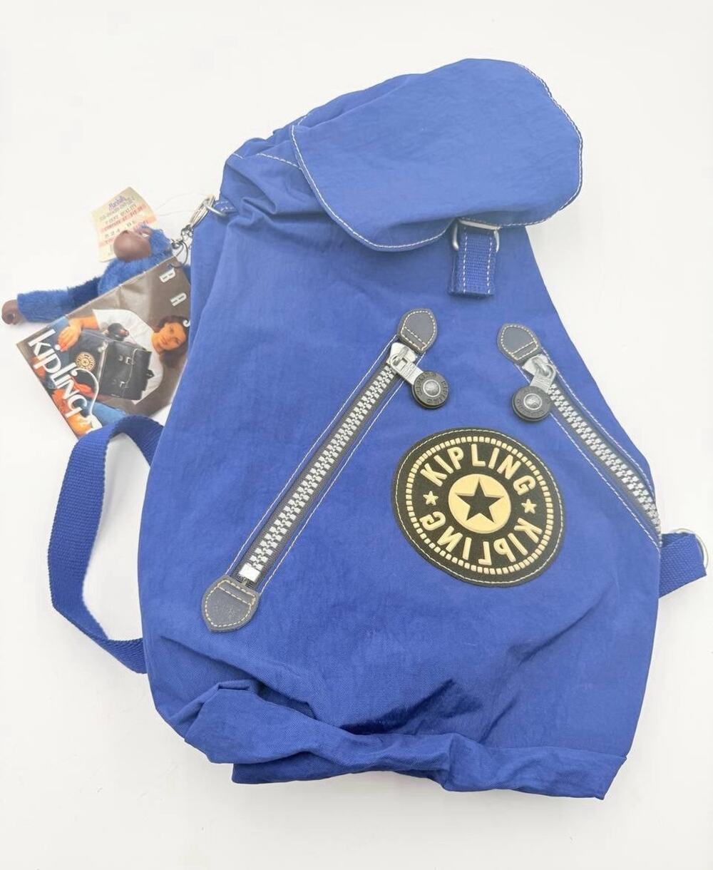 Kipling Blue Backpack NWT Vintage Large Nylon Bag Monkey Keychain
